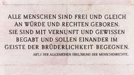 Stein mit der Inschrift "Alle Menschen sind frei und gleich an Würde und Rechten geboren. Sie sind mit Vernunft und Gewissen begabt und sollen einander im Geiste der Brüderlichkeit begegnen. Artikel 1 Der Allgemeinen Erklärung der Menschenrechte"