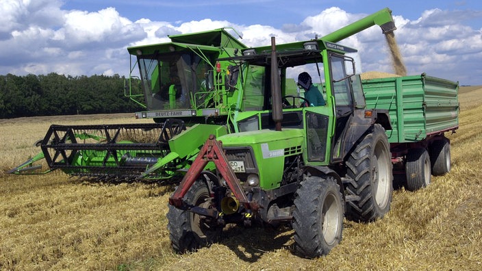 Mähdrescher und Traktor bringen die Wintergerstenernte auf einem Feld in Thüringen ein.