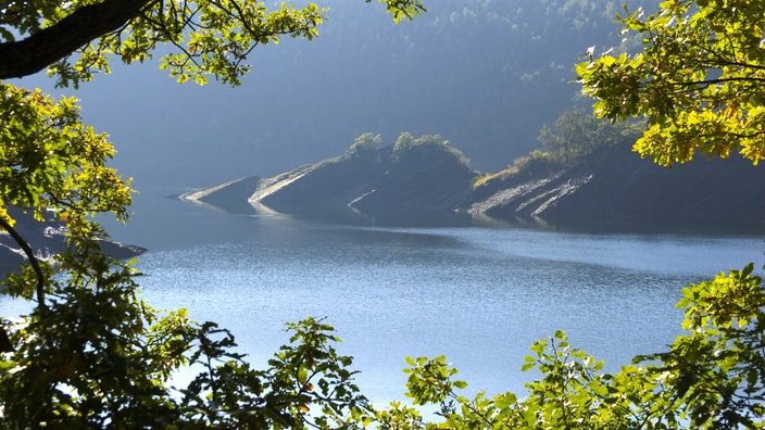 Ein See mit bewaldeten Ufern und einer kleinen Insel in der Mitte.