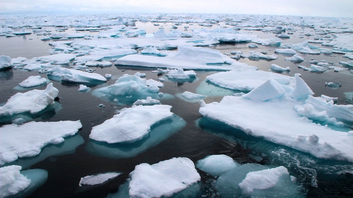 Meereis treibt auf dunkler See vor Spitzbergen (Norwegen).