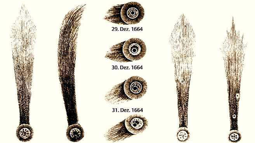 Der Stich aus dem 17. Jahrhundert zeigt verschiedene Kometenschweife, die Pfauenfedern ähneln