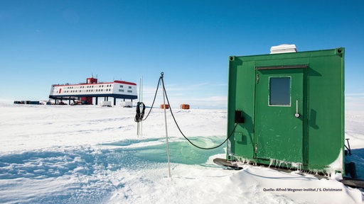 Eisfläche mit grünem Container, im Hintergrund die Neumayer III Station.